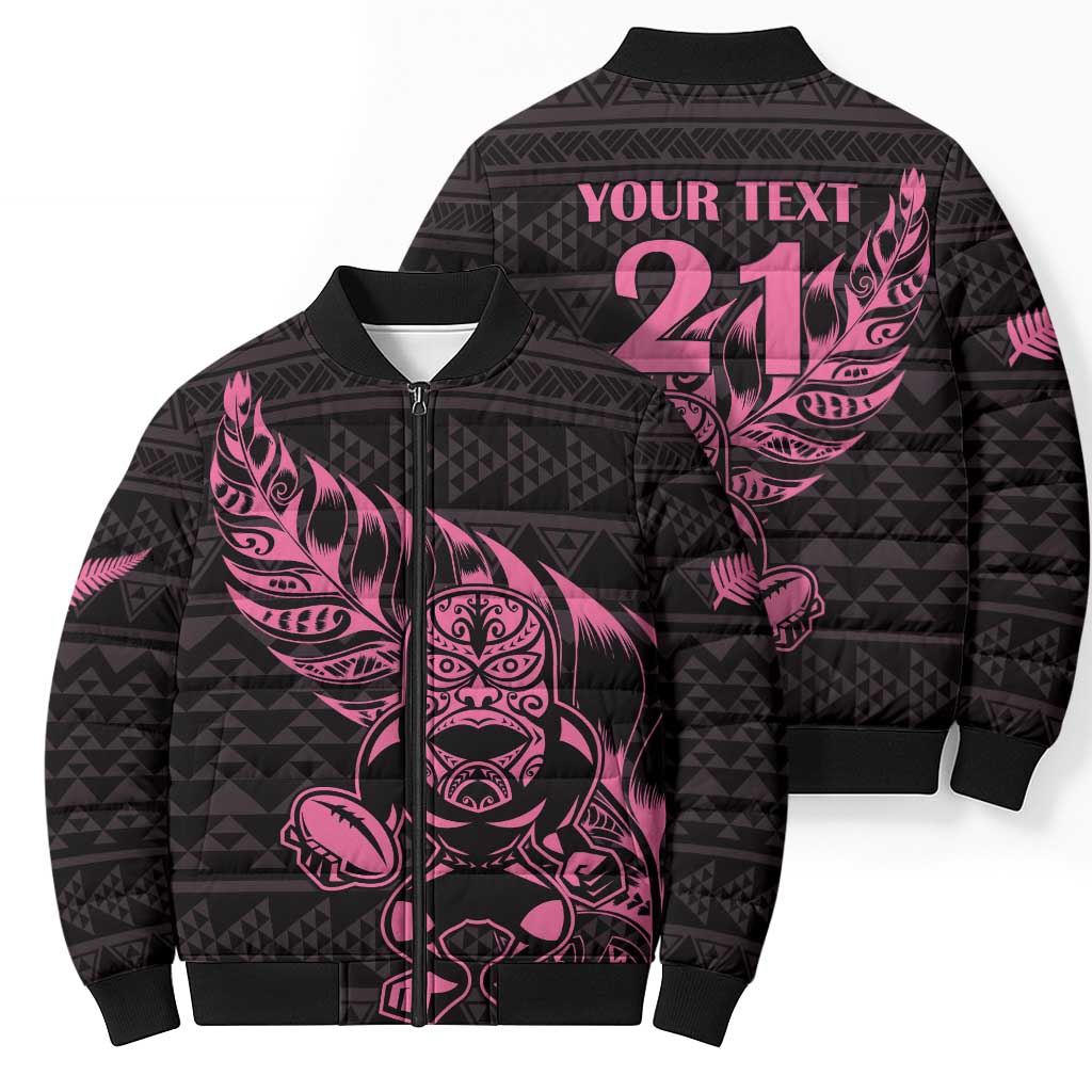 New Zealand Rugby Warrior Custom Bomber Puffer Jacket Pink Fern Taniko Motif - Aussie Hoodie