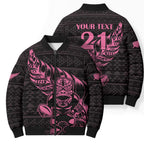 New Zealand Rugby Warrior Custom Bomber Puffer Jacket Pink Fern Taniko Motif - Aussie Hoodie