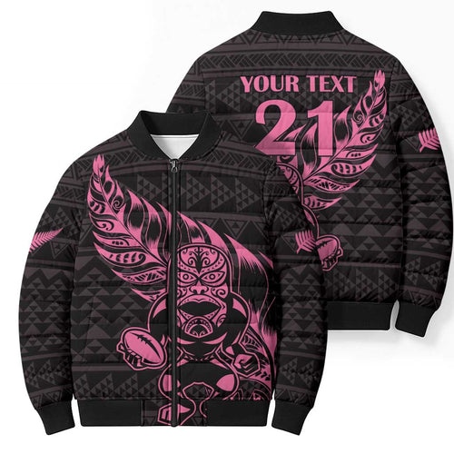 New Zealand Rugby Warrior Custom Bomber Puffer Jacket Pink Fern Taniko Motif - Aussie Hoodie
