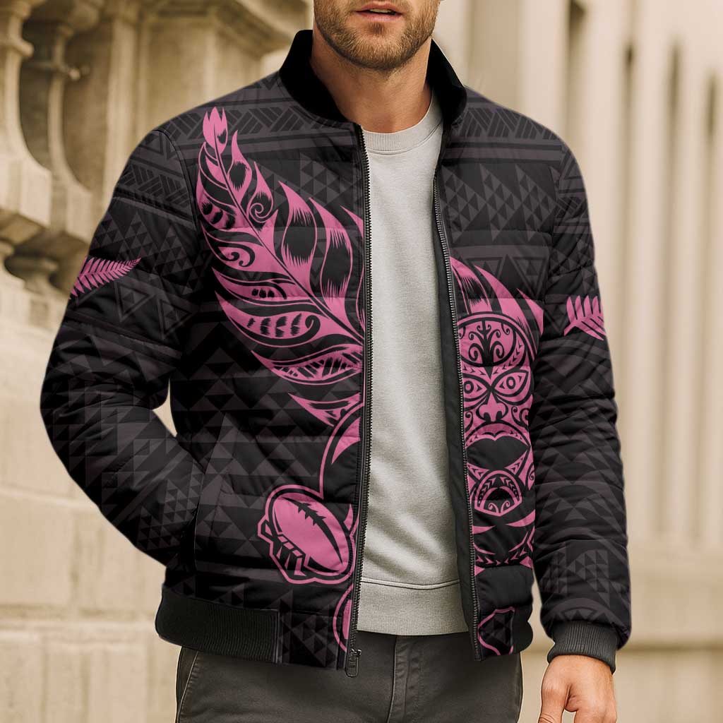 New Zealand Rugby Warrior Custom Bomber Puffer Jacket Pink Fern Taniko Motif - Aussie Hoodie
