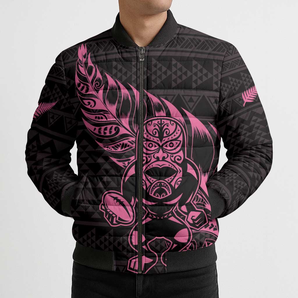 New Zealand Rugby Warrior Custom Bomber Puffer Jacket Pink Fern Taniko Motif - Aussie Hoodie
