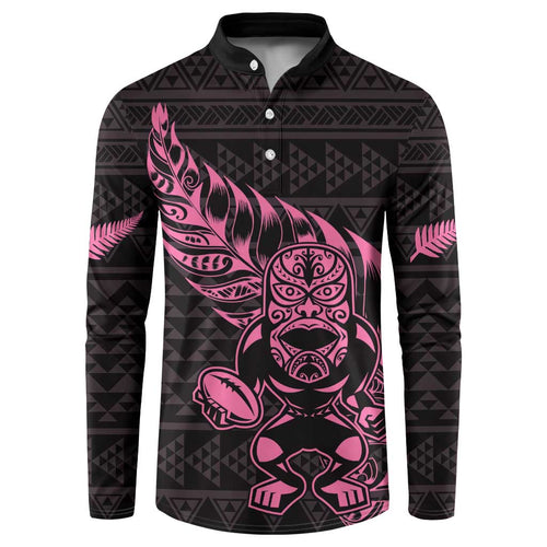 New Zealand Rugby Warrior Custom Button Sweatshirt Pink Fern Taniko Motif