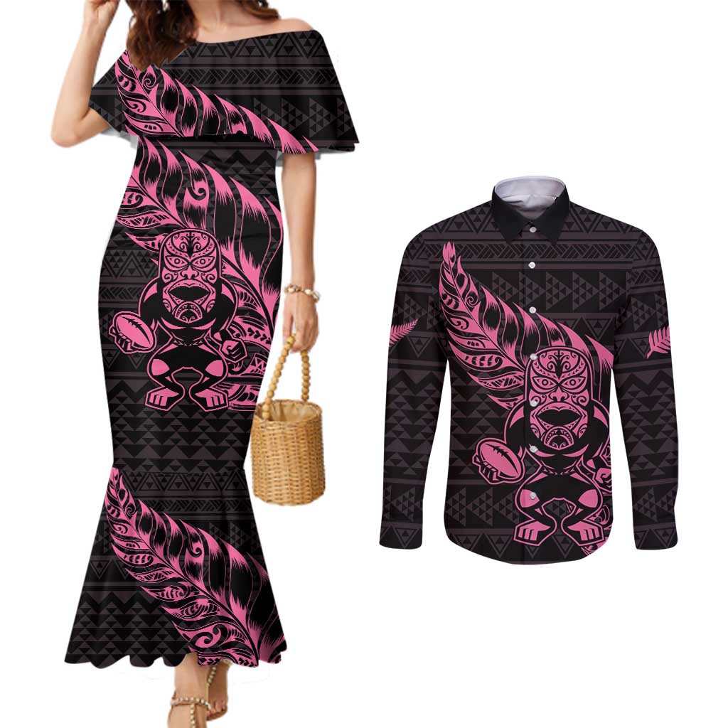 New Zealand Rugby Warrior Custom Couples Matching Mermaid Dress and Long Sleeve Button Shirt Pink Fern Taniko Motif