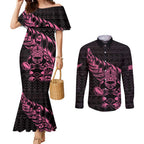 New Zealand Rugby Warrior Custom Couples Matching Mermaid Dress and Long Sleeve Button Shirt Pink Fern Taniko Motif