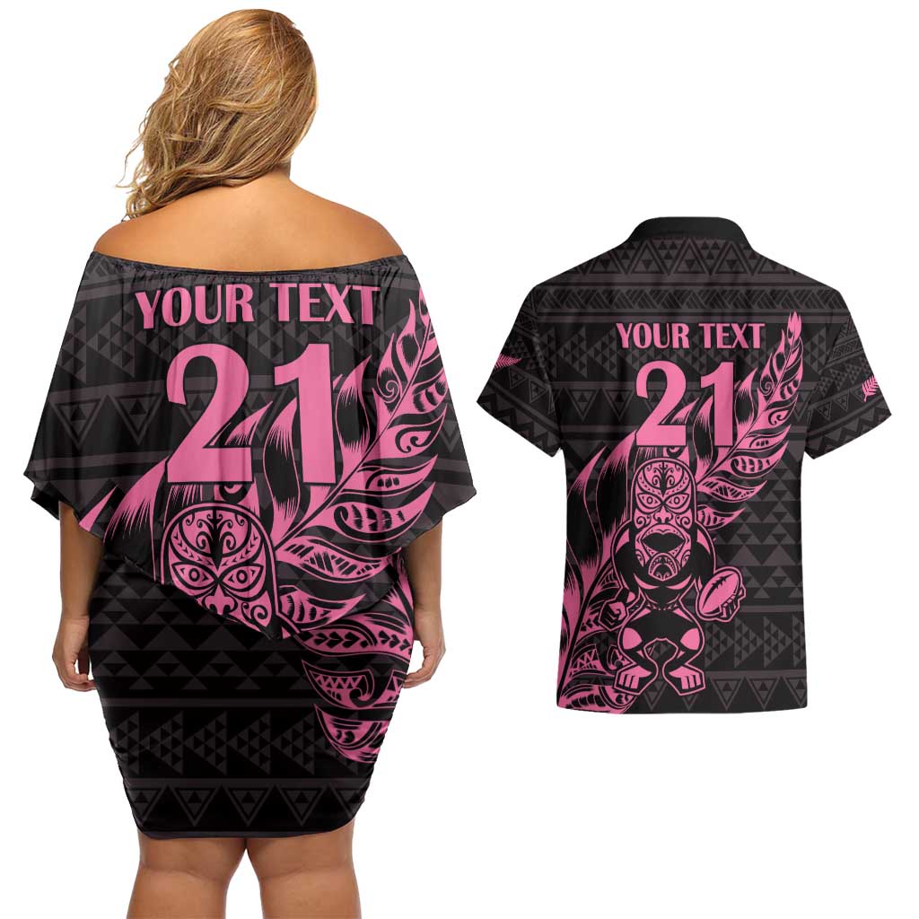 New Zealand Rugby Warrior Custom Couples Matching Off Shoulder Short Dress and Hawaiian Shirt Pink Fern Taniko Motif