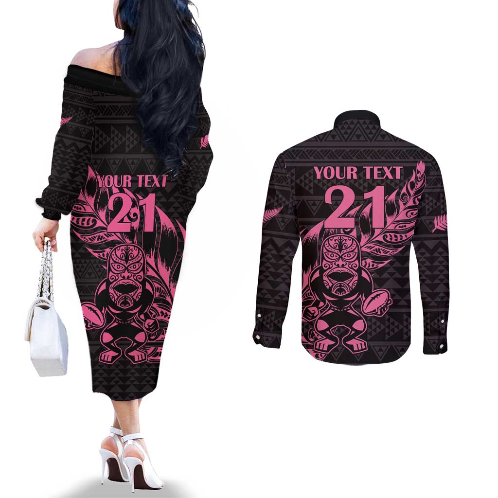 New Zealand Rugby Warrior Custom Couples Matching Off The Shoulder Long Sleeve Dress and Long Sleeve Button Shirt Pink Fern Taniko Motif