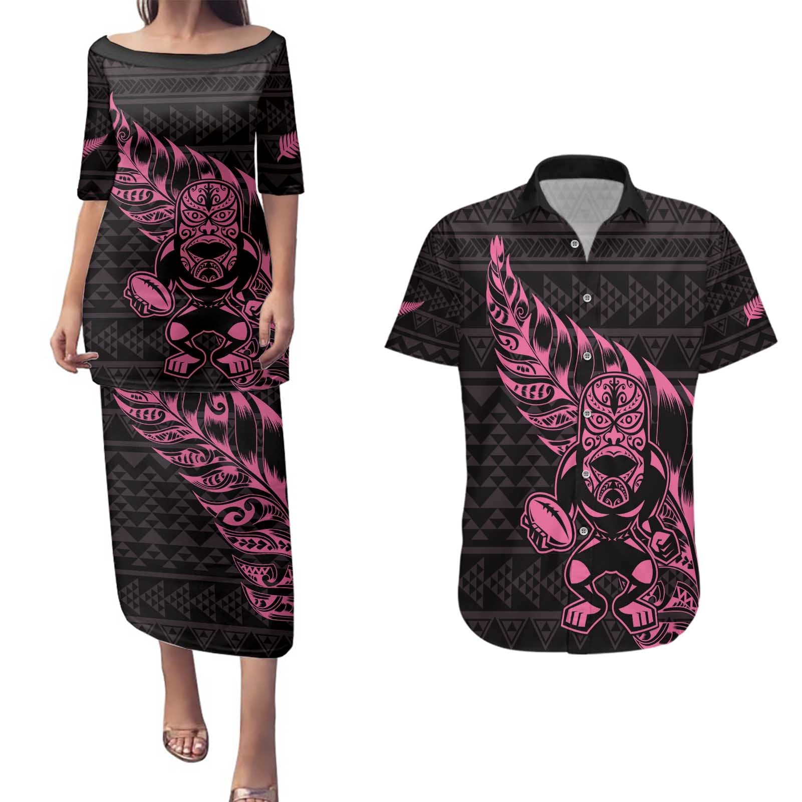 New Zealand Rugby Warrior Custom Couples Matching Puletasi and Hawaiian Shirt Pink Fern Taniko Motif