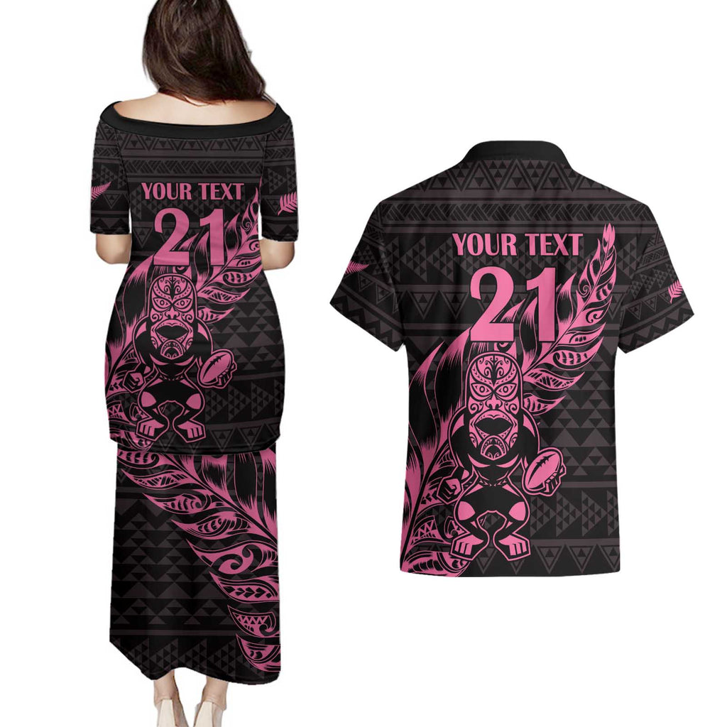New Zealand Rugby Warrior Custom Couples Matching Puletasi and Hawaiian Shirt Pink Fern Taniko Motif
