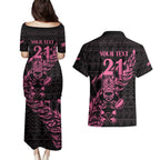 New Zealand Rugby Warrior Custom Couples Matching Puletasi and Hawaiian Shirt Pink Fern Taniko Motif