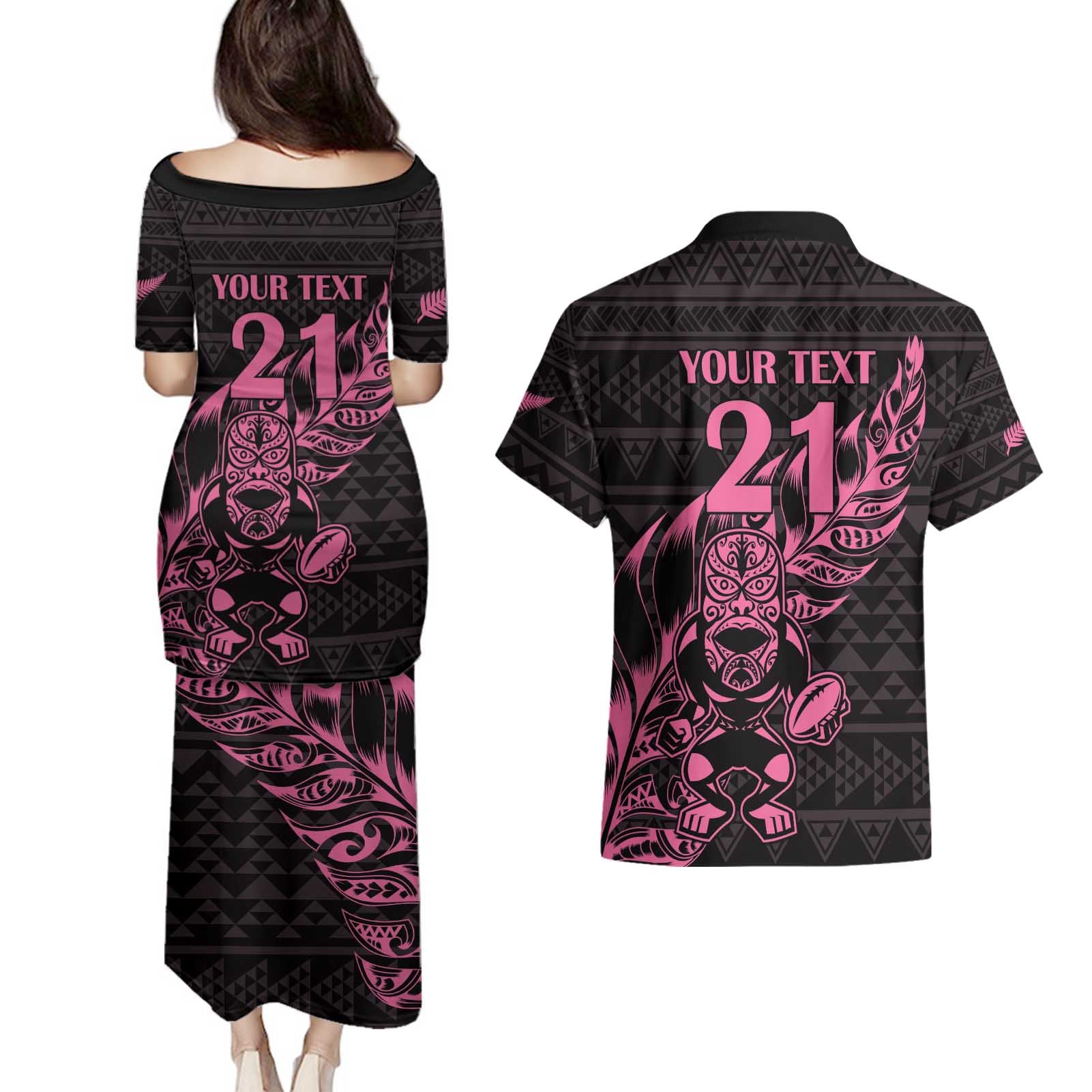 New Zealand Rugby Warrior Custom Couples Matching Puletasi and Hawaiian Shirt Pink Fern Taniko Motif