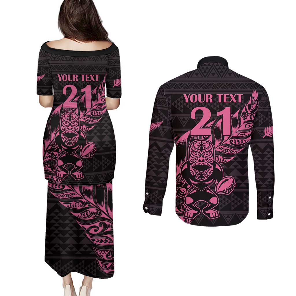New Zealand Rugby Warrior Custom Couples Matching Puletasi and Long Sleeve Button Shirt Pink Fern Taniko Motif
