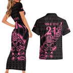 New Zealand Rugby Warrior Custom Couples Matching Short Sleeve Bodycon Dress and Hawaiian Shirt Pink Fern Taniko Motif