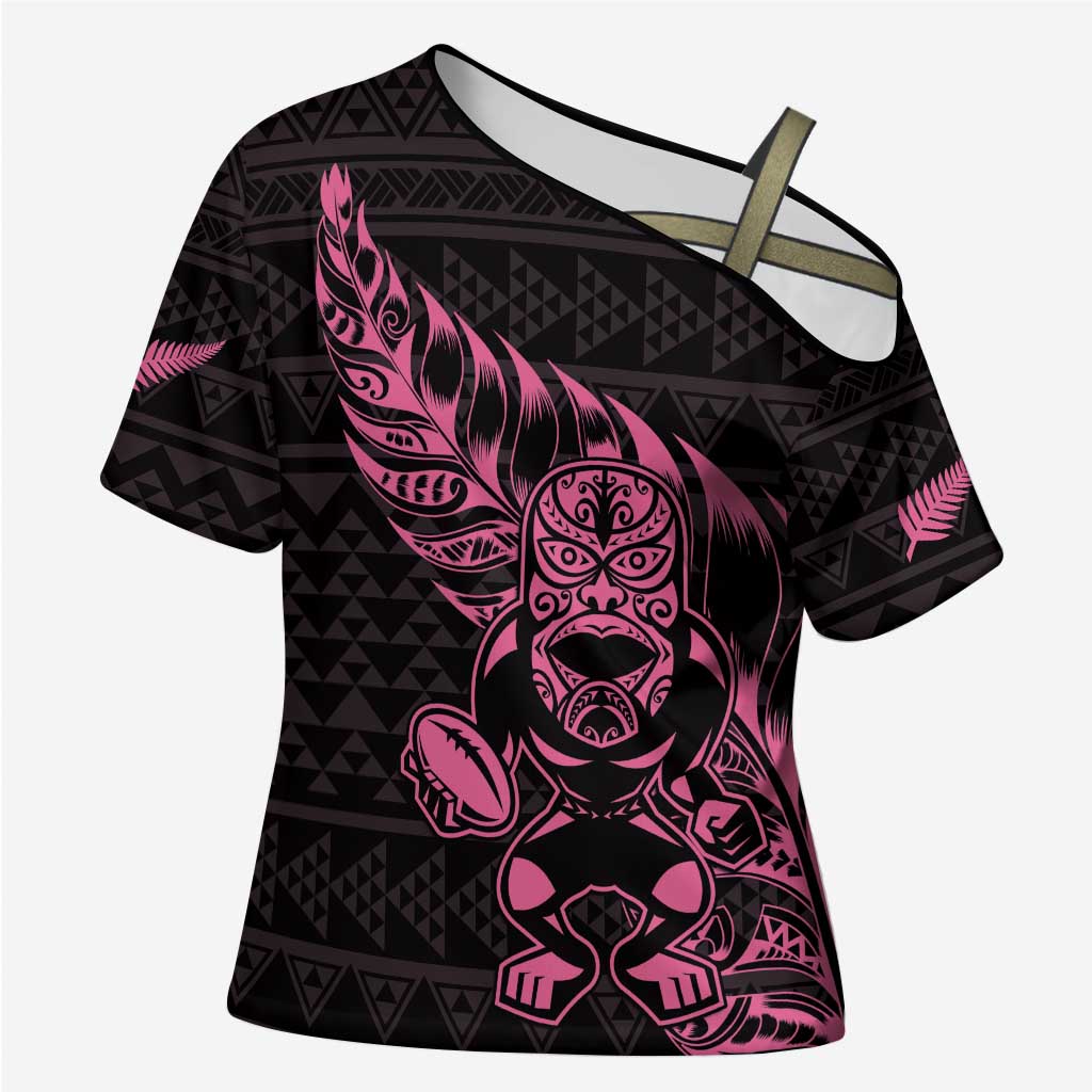 New Zealand Rugby Warrior Custom Cross Shoulder Shirt Pink Fern Taniko Motif - Aussie Hoodie
