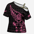 New Zealand Rugby Warrior Custom Cross Shoulder Shirt Pink Fern Taniko Motif - Aussie Hoodie