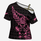 New Zealand Rugby Warrior Custom Cross Shoulder Shirt Pink Fern Taniko Motif - Aussie Hoodie