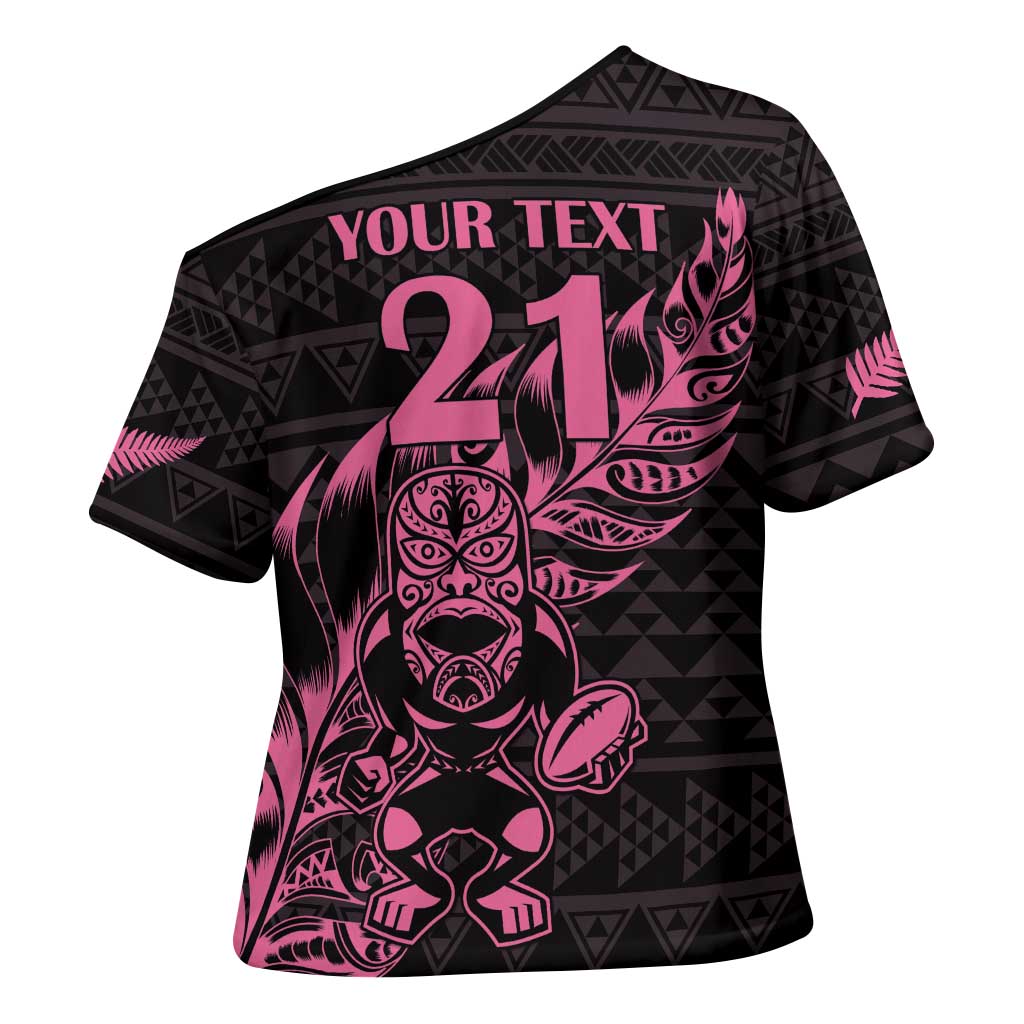 New Zealand Rugby Warrior Custom Cross Shoulder Shirt Pink Fern Taniko Motif - Aussie Hoodie