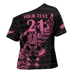 New Zealand Rugby Warrior Custom Cross Shoulder Shirt Pink Fern Taniko Motif - Aussie Hoodie