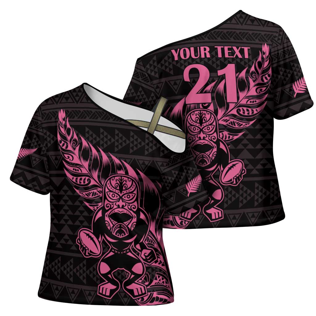 New Zealand Rugby Warrior Custom Cross Shoulder Shirt Pink Fern Taniko Motif - Aussie Hoodie