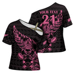 New Zealand Rugby Warrior Custom Cross Shoulder Shirt Pink Fern Taniko Motif - Aussie Hoodie