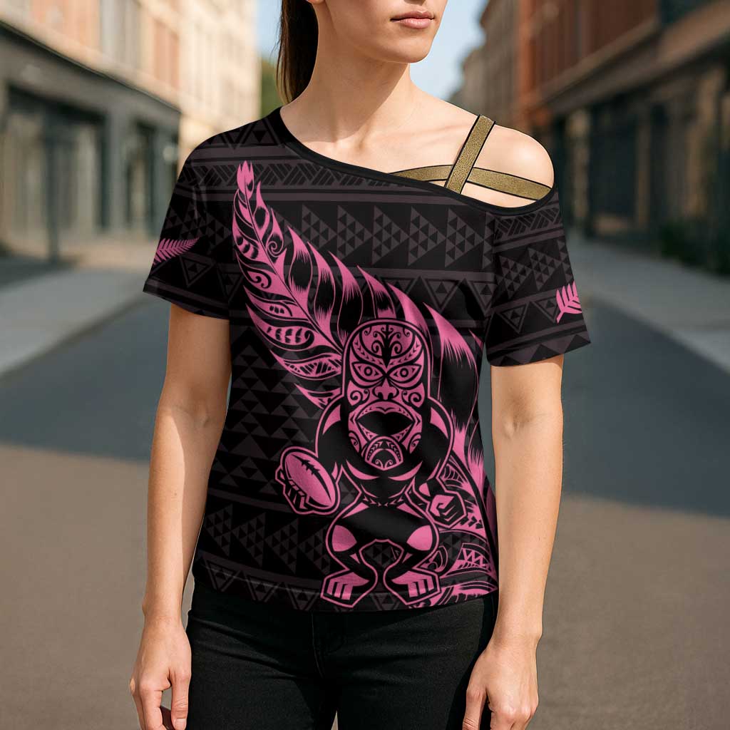 New Zealand Rugby Warrior Custom Cross Shoulder Shirt Pink Fern Taniko Motif - Aussie Hoodie