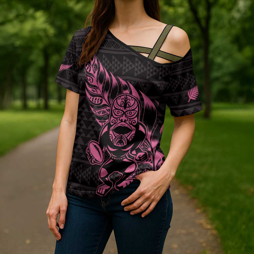 New Zealand Rugby Warrior Custom Cross Shoulder Shirt Pink Fern Taniko Motif - Aussie Hoodie