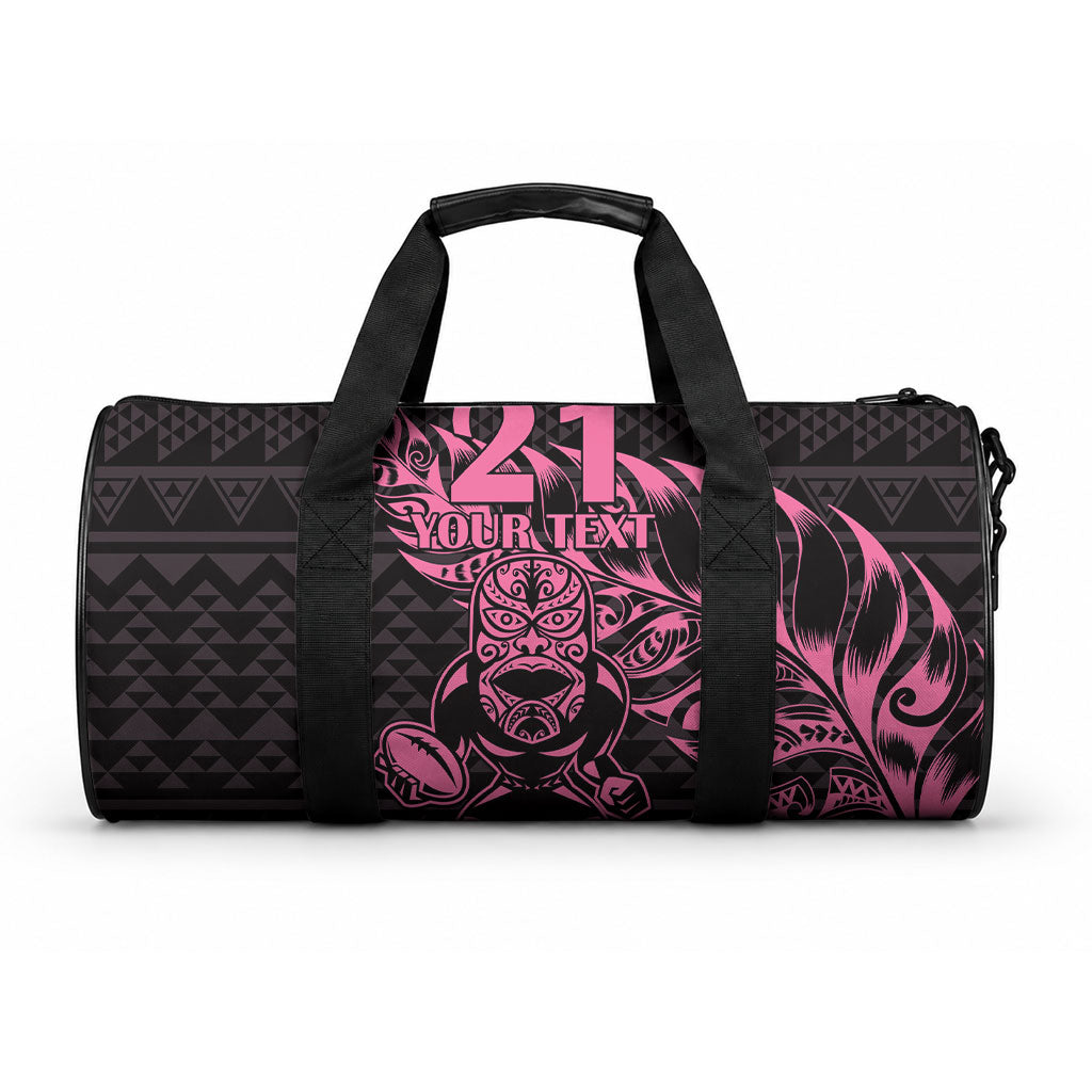 New Zealand Maori Rugby Warrior Custom Duffle Bag Pink Fern Taniko Motif