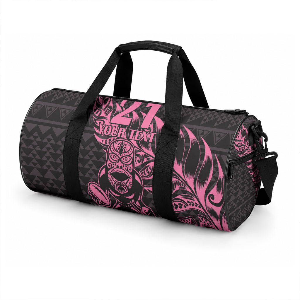 New Zealand Maori Rugby Warrior Custom Duffle Bag Pink Fern Taniko Motif