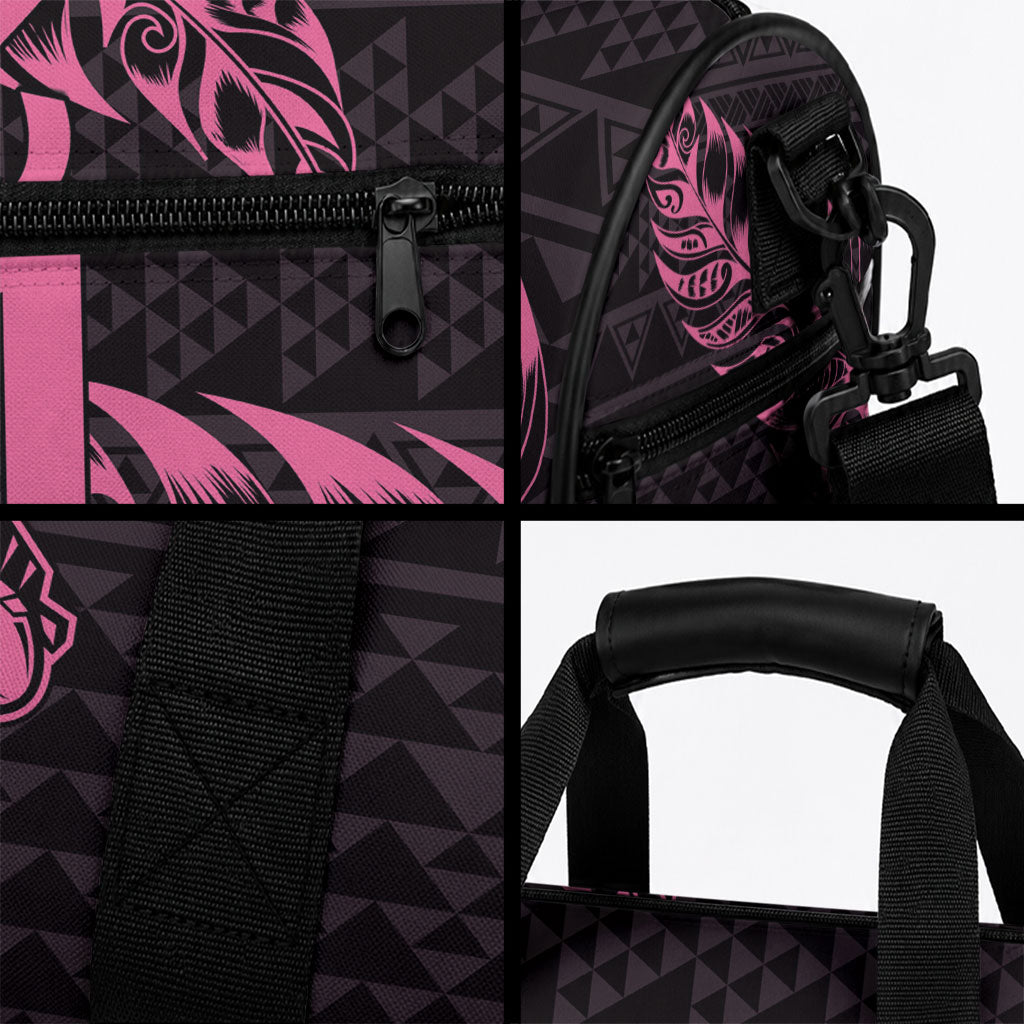 New Zealand Maori Rugby Warrior Custom Duffle Bag Pink Fern Taniko Motif
