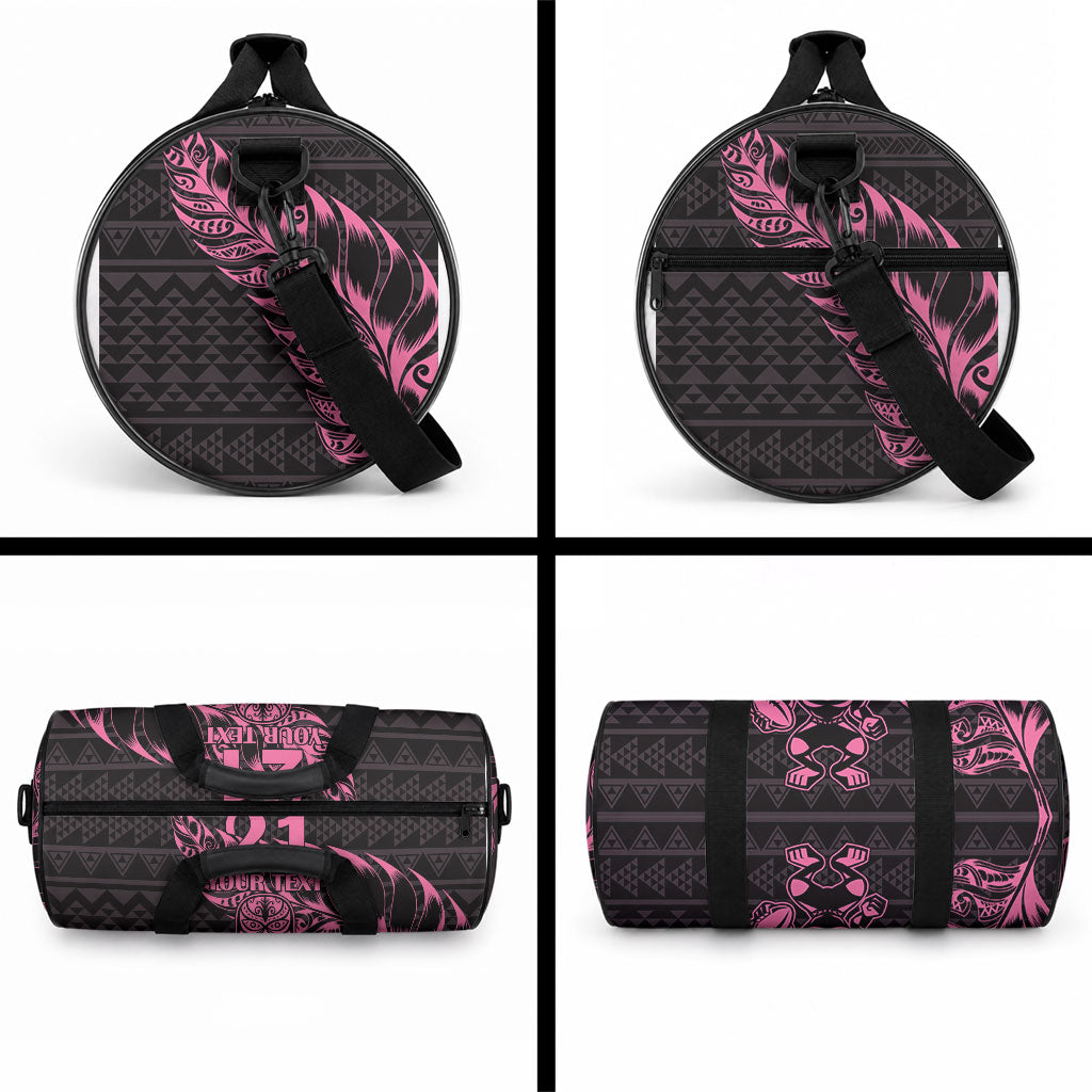 New Zealand Maori Rugby Warrior Custom Duffle Bag Pink Fern Taniko Motif