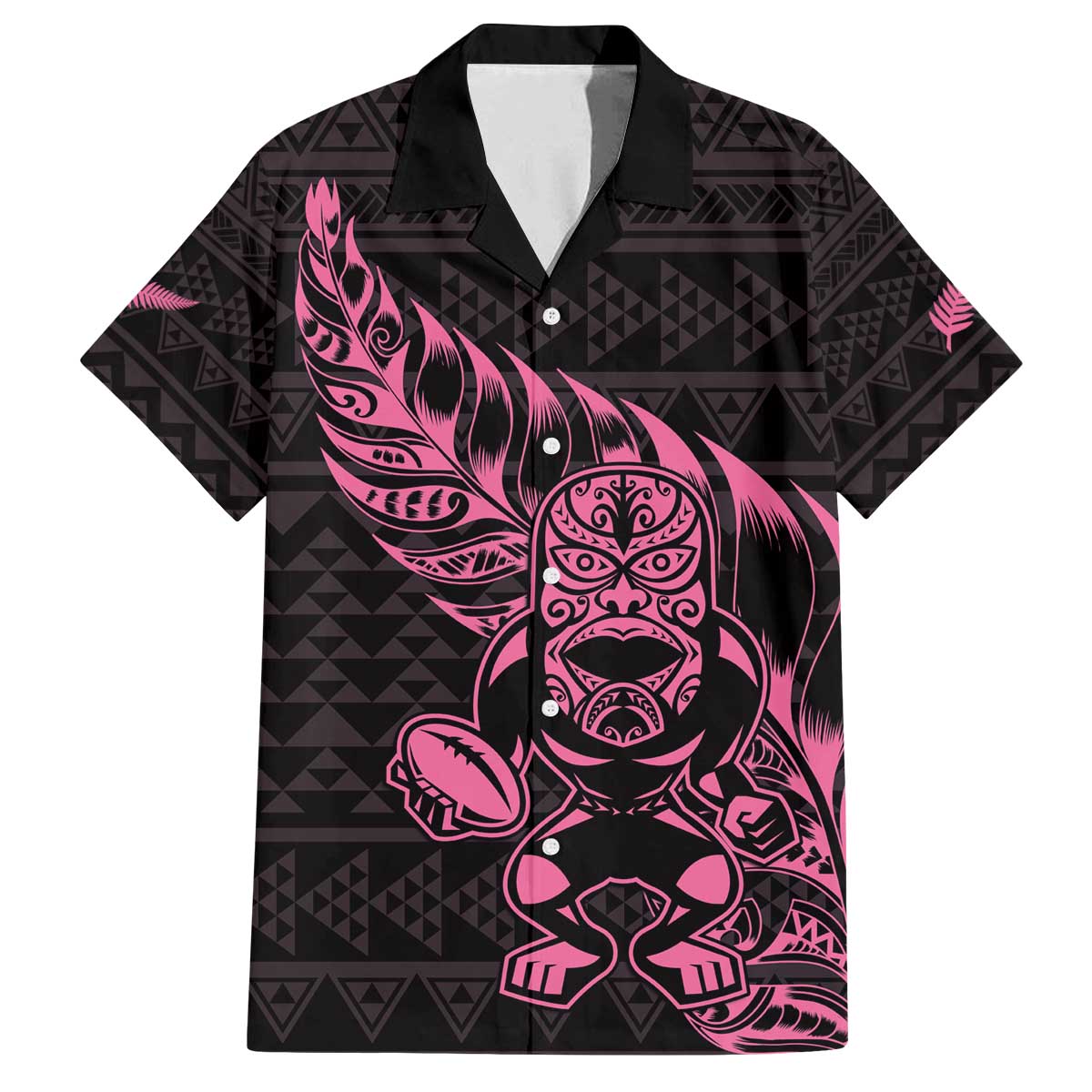 New Zealand Rugby Warrior Custom Family Matching Off The Shoulder Long Sleeve Dress and Hawaiian Shirt Pink Fern Taniko Motif