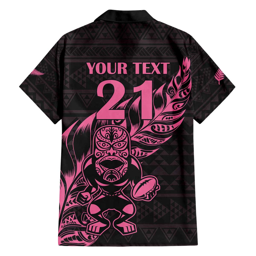New Zealand Rugby Warrior Custom Family Matching Off The Shoulder Long Sleeve Dress and Hawaiian Shirt Pink Fern Taniko Motif