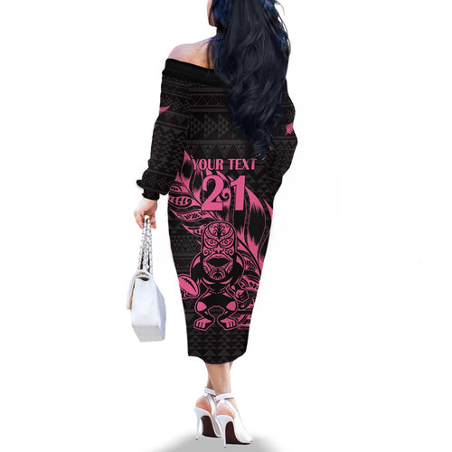 New Zealand Rugby Warrior Custom Family Matching Off The Shoulder Long Sleeve Dress and Hawaiian Shirt Pink Fern Taniko Motif