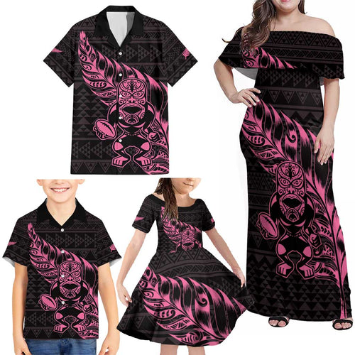 New Zealand Rugby Warrior Custom Family Matching Off Shoulder Maxi Dress and Hawaiian Shirt Pink Fern Taniko Motif