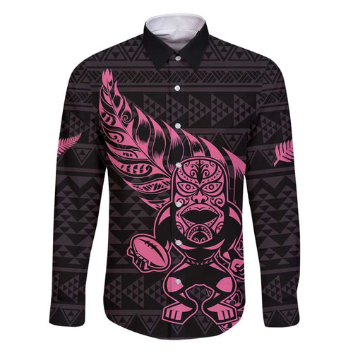 New Zealand Rugby Warrior Custom Family Matching Off Shoulder Maxi Dress and Hawaiian Shirt Pink Fern Taniko Motif