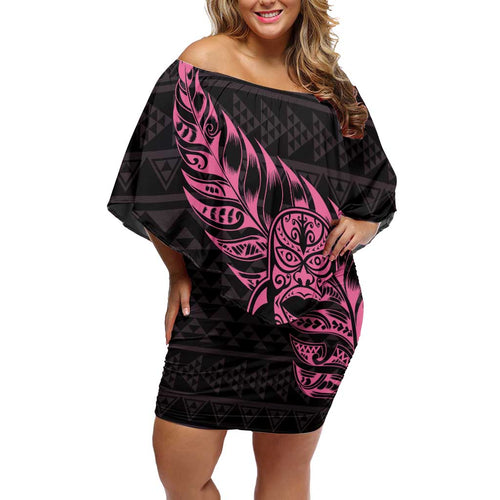 New Zealand Rugby Warrior Custom Family Matching Off Shoulder Short Dress and Hawaiian Shirt Pink Fern Taniko Motif