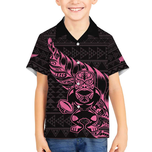 New Zealand Rugby Warrior Custom Family Matching Off Shoulder Short Dress and Hawaiian Shirt Pink Fern Taniko Motif
