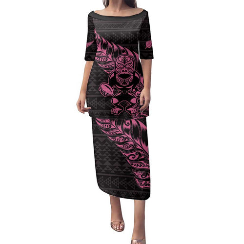 New Zealand Rugby Warrior Custom Family Matching Puletasi and Hawaiian Shirt Pink Fern Taniko Motif