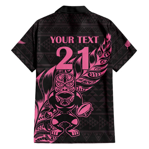 New Zealand Rugby Warrior Custom Family Matching Short Sleeve Bodycon Dress and Hawaiian Shirt Pink Fern Taniko Motif