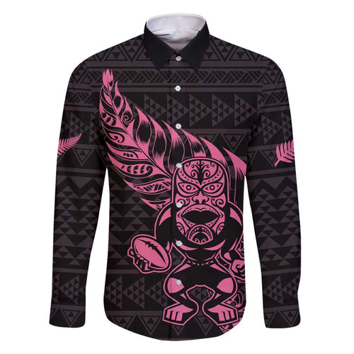 New Zealand Rugby Warrior Custom Family Matching Short Sleeve Bodycon Dress and Hawaiian Shirt Pink Fern Taniko Motif