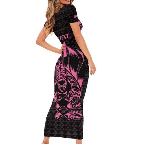 New Zealand Rugby Warrior Custom Family Matching Short Sleeve Bodycon Dress and Hawaiian Shirt Pink Fern Taniko Motif