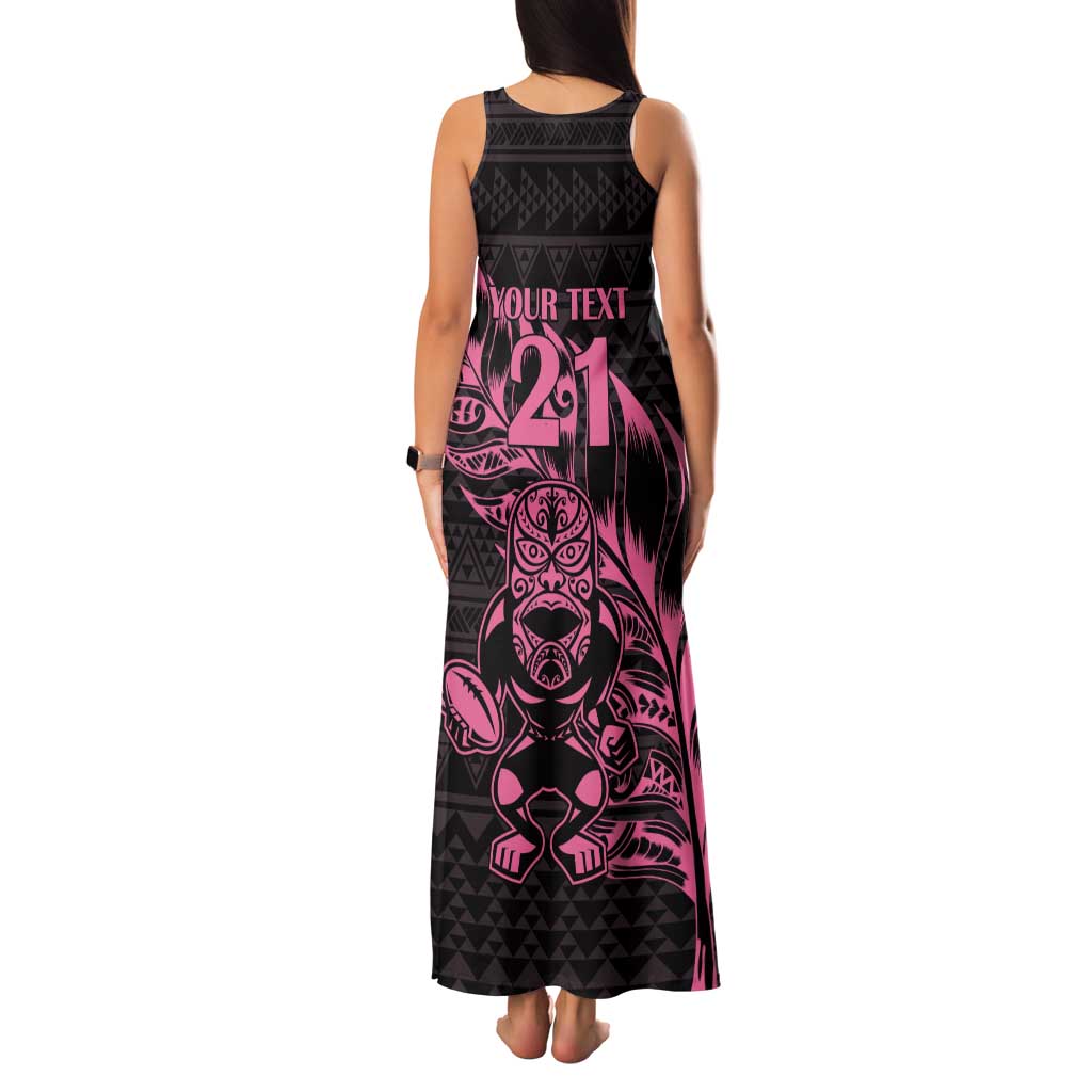 New Zealand Rugby Warrior Custom Family Matching Tank Maxi Dress and Hawaiian Shirt Pink Fern Taniko Motif