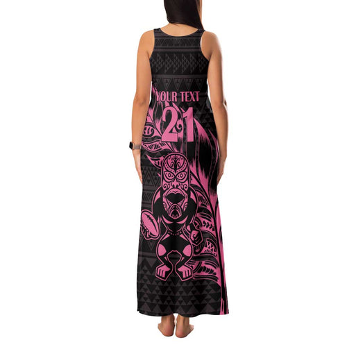 New Zealand Rugby Warrior Custom Family Matching Tank Maxi Dress and Hawaiian Shirt Pink Fern Taniko Motif