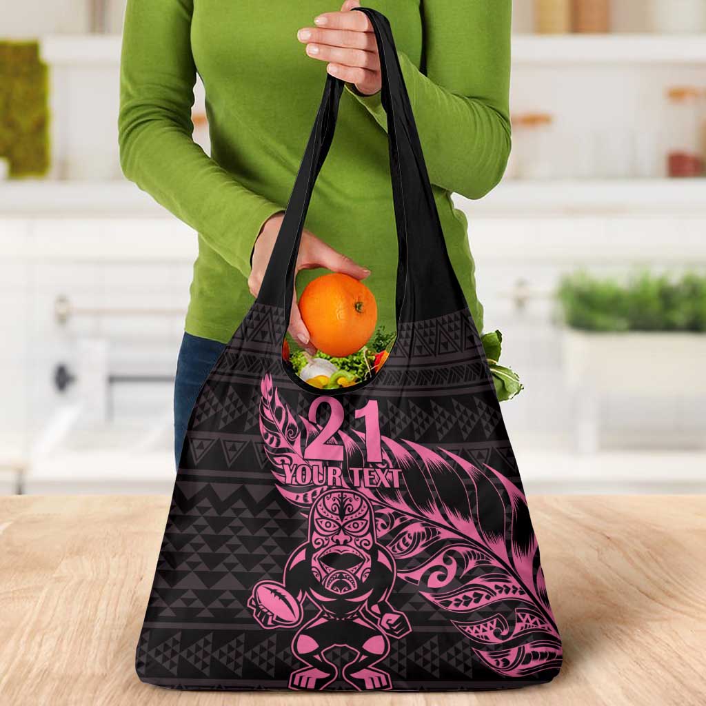 New Zealand Rugby Warrior Custom Grocery Bag Pink Fern Taniko Motif