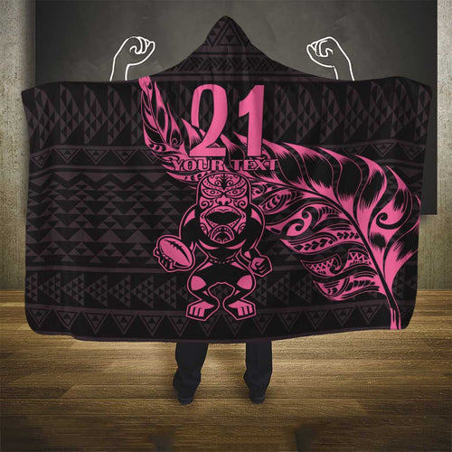 New Zealand Rugby Warrior Custom Hooded Blanket Pink Fern Taniko Motif