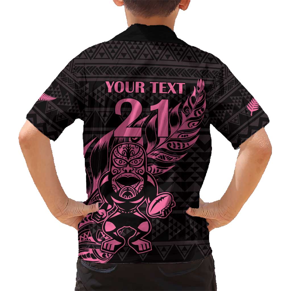 New Zealand Rugby Warrior Custom Kid Hawaiian Shirt Pink Fern Taniko Motif