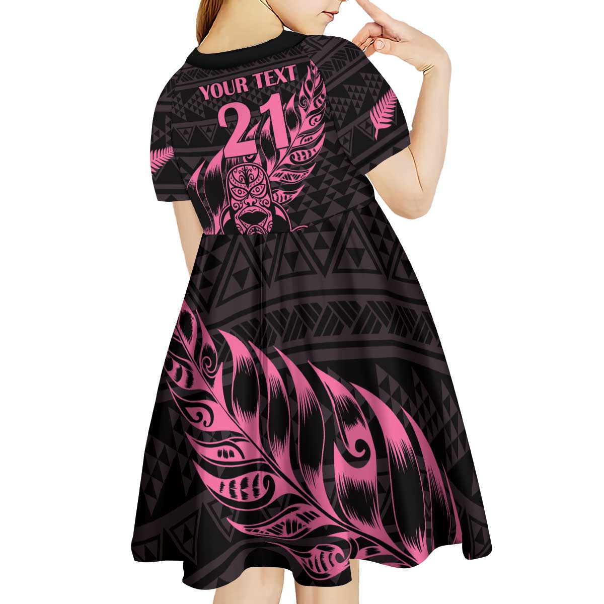 New Zealand Rugby Warrior Custom Kid Short Sleeve Dress Pink Fern Taniko Motif