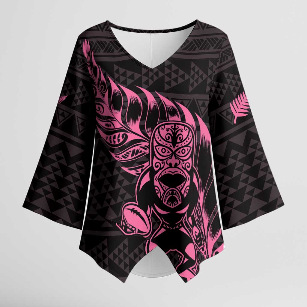 New Zealand Rugby Warrior Custom Kimono Sleeve Blouse Pink Fern Taniko Motif - Aussie Hoodie