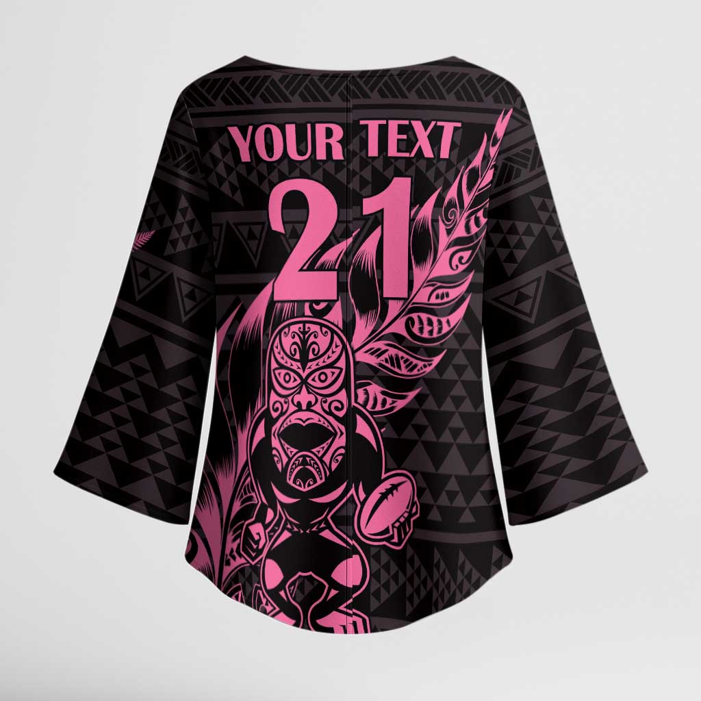 New Zealand Rugby Warrior Custom Kimono Sleeve Blouse Pink Fern Taniko Motif - Aussie Hoodie