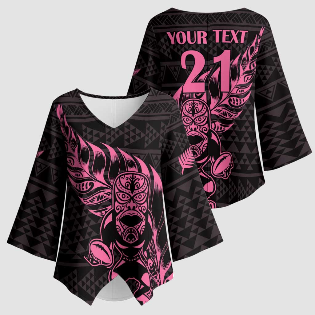 New Zealand Rugby Warrior Custom Kimono Sleeve Blouse Pink Fern Taniko Motif - Aussie Hoodie