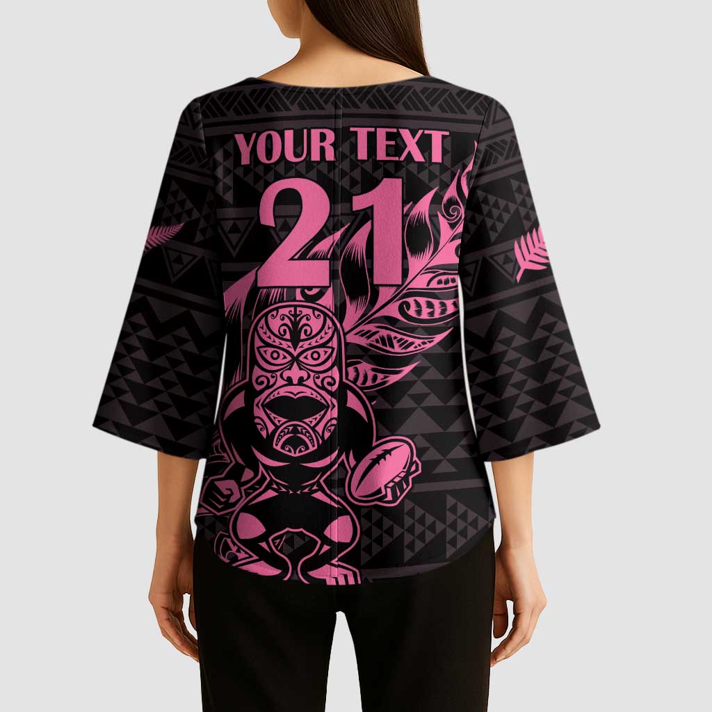 New Zealand Rugby Warrior Custom Kimono Sleeve Blouse Pink Fern Taniko Motif - Aussie Hoodie